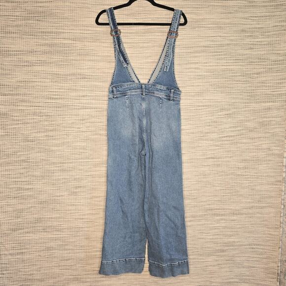 Free People Overalls Womens 4 Blue Denim Wide Leg Adjustable Straps Pockets Zip - Picture 2 of 16
